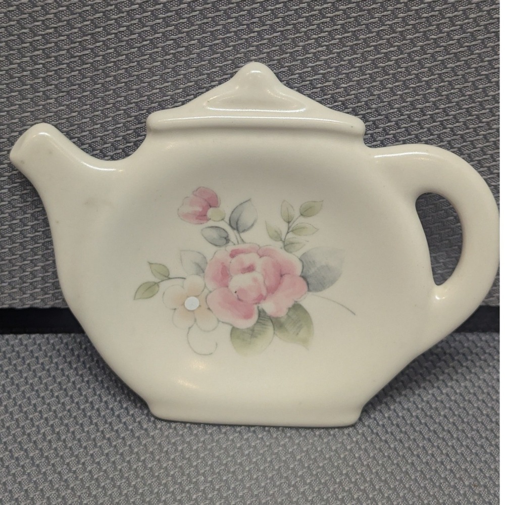 VTG Pfaltzgraff Tea Rose Tea Bag Holder Teapot Shaped Cottagecore Stoneware USA
